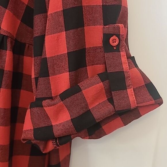 Suzanne Betro Plus Buffalo Plaid Red Bkack Babydoll Dress Long Sleeve Size 2X - Picture 7 of 13